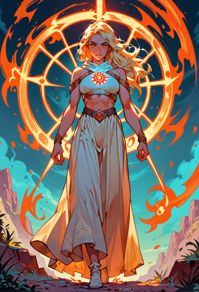  blonde girl , normal clothes , demigod , daughter of the sun , powerful , whole body , big tits , spell , suns spell , fire spell