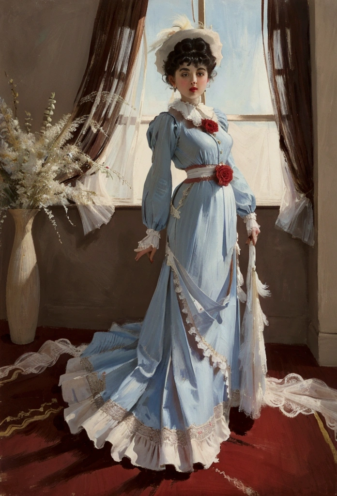 Betty Boop as a gorgeous stylish yo brunette teenage Gibson Girl wearing her bridal gown. Year 1906. Edwardian high-neck long sleeve dress. Ornate wide-brimmed veiled picture hat with a large front topped with flowers, ribbons and feathers. Gloves in both hands. Sash tied around her waist. Floor-length skirt. Boots. 40-20-40 hourglass figure. Large rear. Big blue eyes, pouty red lips. Full body