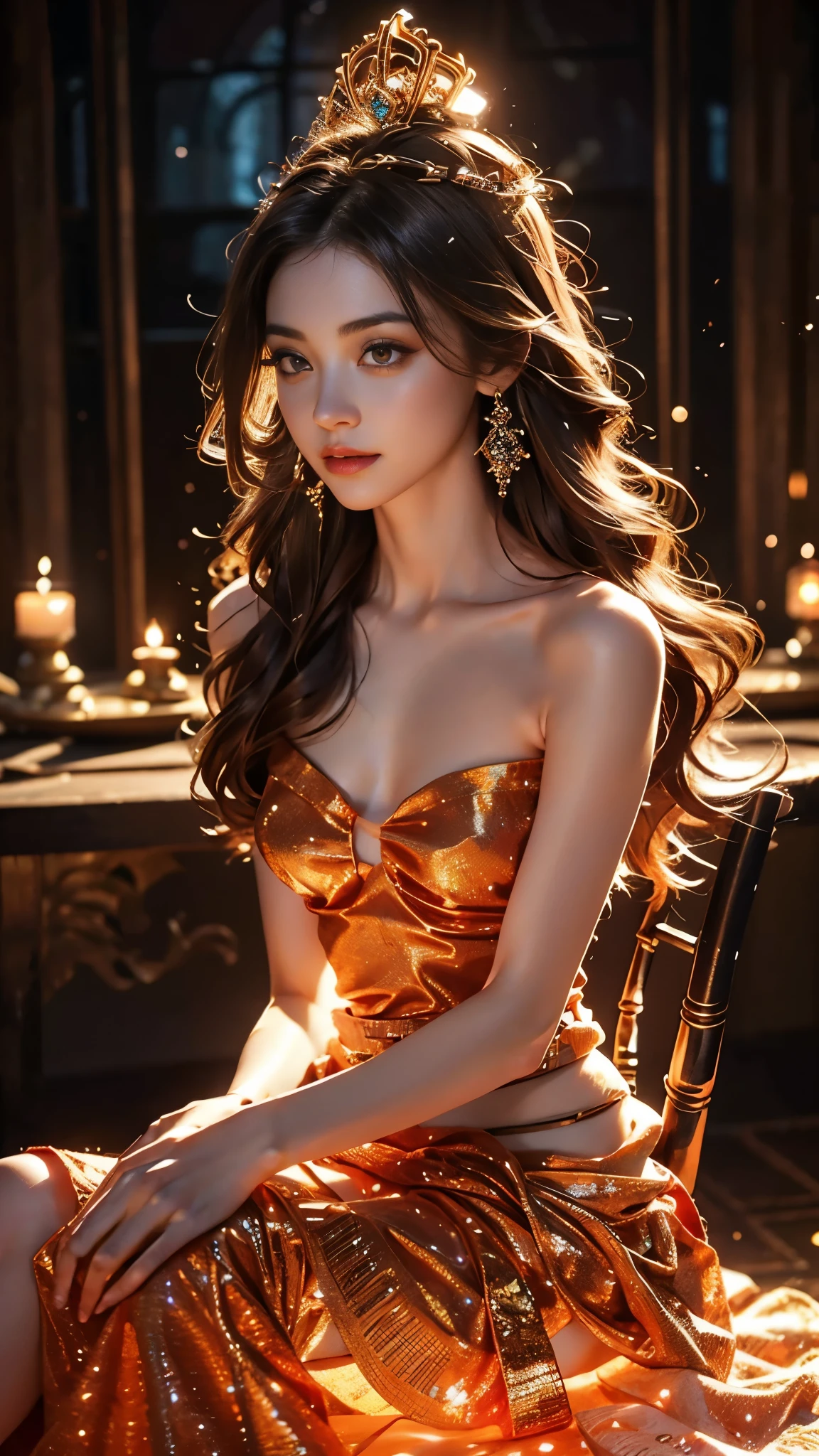 8K, UHD, Masterpiece, extreme quality, 1 girl, good face, detailed eyes, very long hair, detailed lips, small breasts, detailed empress fantasy dress, orange fantasy dress, ((glowing dress:1.4)), lace, (bare waist:1.5), flowing sardine, beautiful fantasy, fantasy empress, beautiful alluring Realistic art, shining skin, in the balcony, Realistic shadow, depth of field, ray tracing, god rays, bloom, bokeh effect,