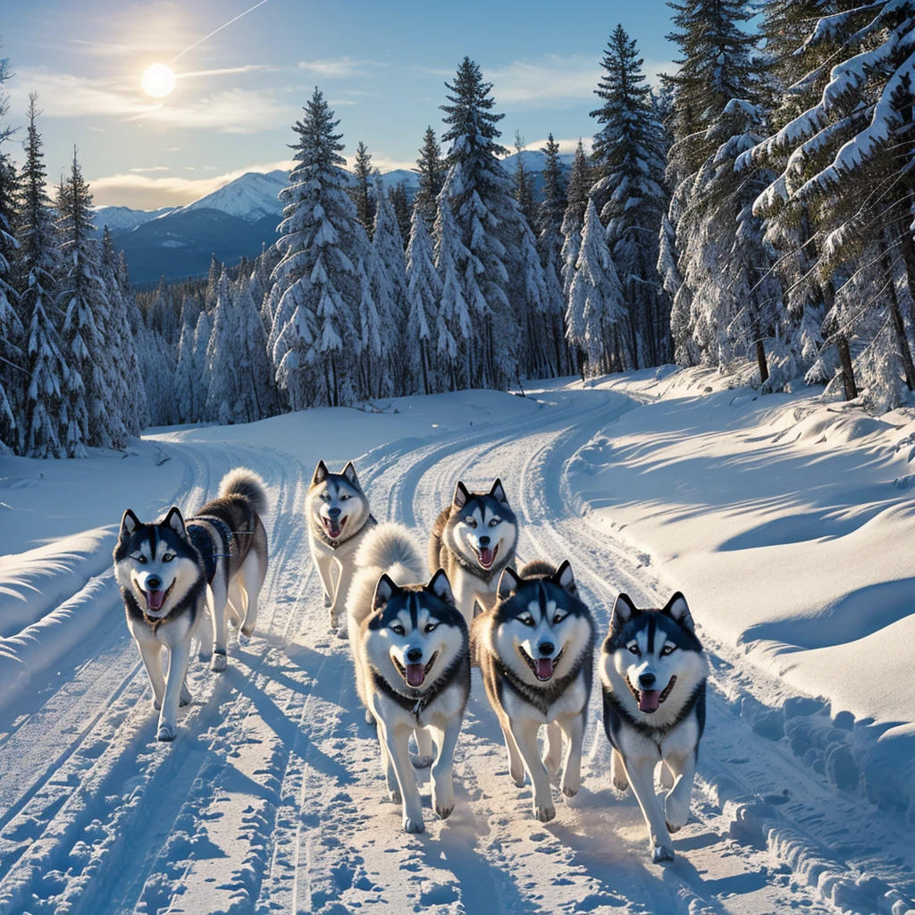 Illustration of a breed of dog called a Siberian Husky.
#Characteristics of the Siberian Husky.
Medium Siberian Husky, A well-proportioned body built for endurance.
A thick double coat of various colors and patterns, Often have striking facial markings.
Almond-shaped blue eyes, brown, or one of each (Heterochromia iridis).
#Illustration background.
Snow-covered Siberian taiga and dense pine forests.
A sledding path winding through the snowy landscape.
crisp, A clear winter sky with a bright full moon.
#Siberian Husky posture.
In the middle of a strong running gait, Member of a dog sled team.
Ears forward, expression of concentration, Embodying the work ethic of the breed.
Tail hanging down behind, Balancing your dog's movements.
#The overall atmosphere of the illustration.
Dynamic and energetic, Huskies show off their endurance and strength.
nice, Vibrant colors and moonlight create dramatic shadows.
A sense of purpose in a vast world, Snowy Wilderness.
#A low-angle view highlighting the dog's strength and speed