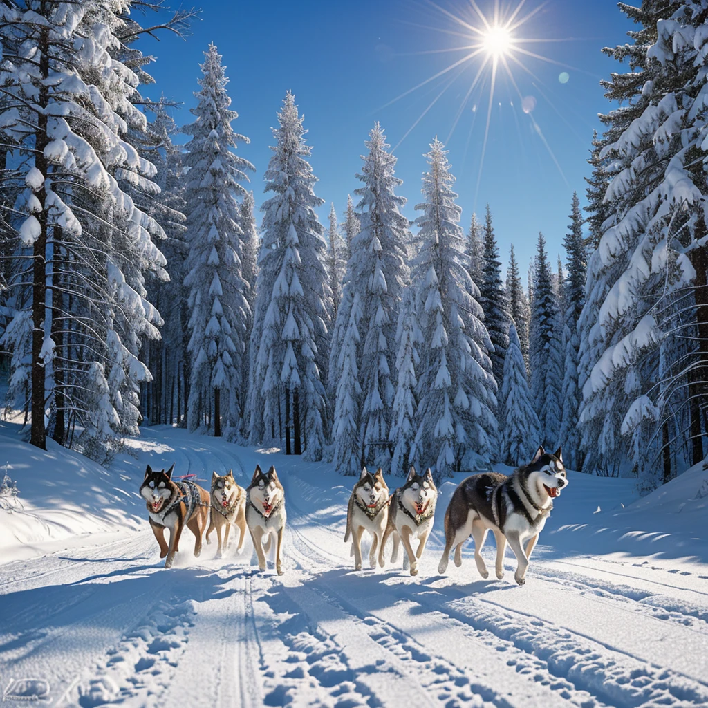 Illustration of a breed of dog called a Siberian Husky.
#Characteristics of the Siberian Husky.
Medium Siberian Husky, A well-proportioned body built for endurance.
A thick double coat of various colors and patterns, Often have striking facial markings.
Almond-shaped blue eyes, brown, or one of each (Heterochromia iridis).
#Illustration background.
Snow-covered Siberian taiga and dense pine forests.
A sledding path winding through the snowy landscape.
crisp, A clear winter sky with a bright full moon.
#Siberian Husky posture.
In the middle of a strong running gait, Member of a dog sled team.
Ears forward, expression of concentration, Embodying the work ethic of the breed.
Tail hanging down behind, Balancing your dog&#39;s movements.
#The overall atmosphere of the illustration.
Dynamic and energetic, Huskies show off their endurance and strength.
nice, Vibrant colors and moonlight create dramatic shadows.
A sense of purpose in a vast world, Snowy Wilderness.
#A low-angle view highlighting the dog&#39;s strength and speed
