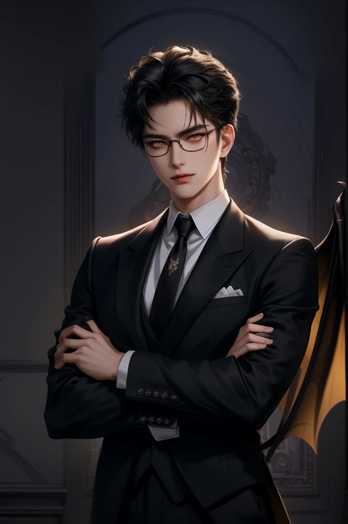 (masterpiece,best quality,ultra_detailed,highres,absurdres) (detailed shadow) (quality light),1 mature male, 21 years old, korean male focus, solo, mid-length black hair, (yellow eyes), ancient temple background, full body, looking at viewer, parted lips, round eyewear, (wearing black suit with tie), (wearing thin glasses), showing a bit of muscles, devilish smirk face, ((has one gigantic devil's wing covering left arm))