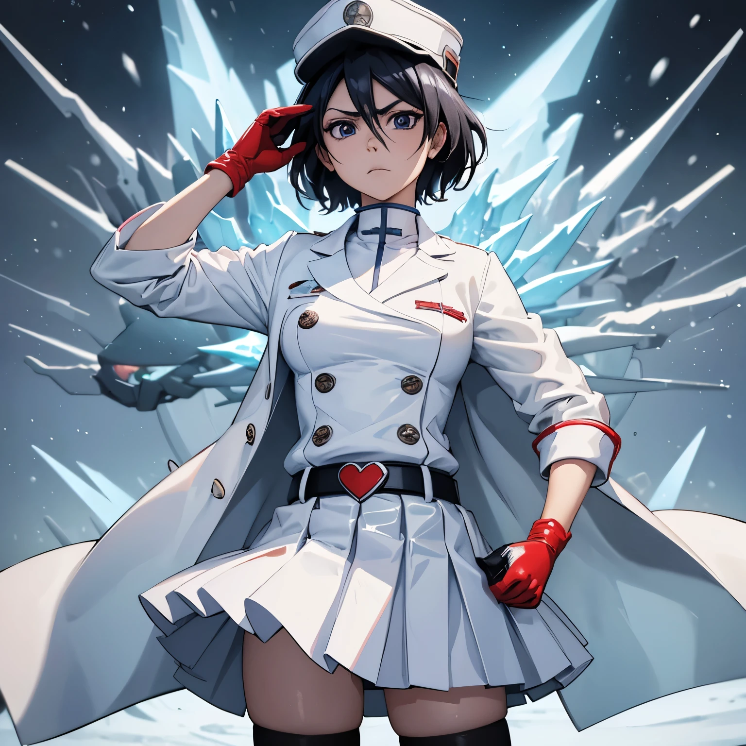 White gloves, red eyes, white jacket, white skirt, best quality, masterpiece, Highly detailed, illustration, absurdres, white military uniform, white uniform, white hat, standing, solo, 1girl, standing at attention, expressionless, blank eyes, looking at viewer, emotionless, corrution, mind control, female combatant, full body, hypnotized, unhappy trance, perfect female body, extremely glossy latex, belt, hypnosis, hypnoLora, empty eyes, Mind control device, thigh high, Bleach, Quincy, thighhighs, tight miniskirt, kuchikirukia, short hair, black hair, blue eyes, hat, (((snow background, ice background)))