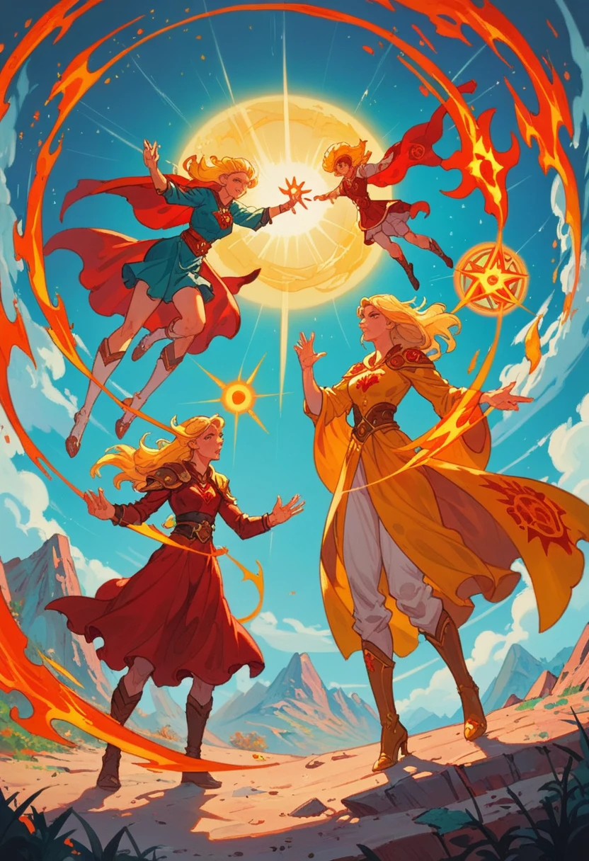 teen blonde girl , normal clothes , demigod , daughter of the sun , powerful , whole body , big tits , spell , suns spell , fire spell