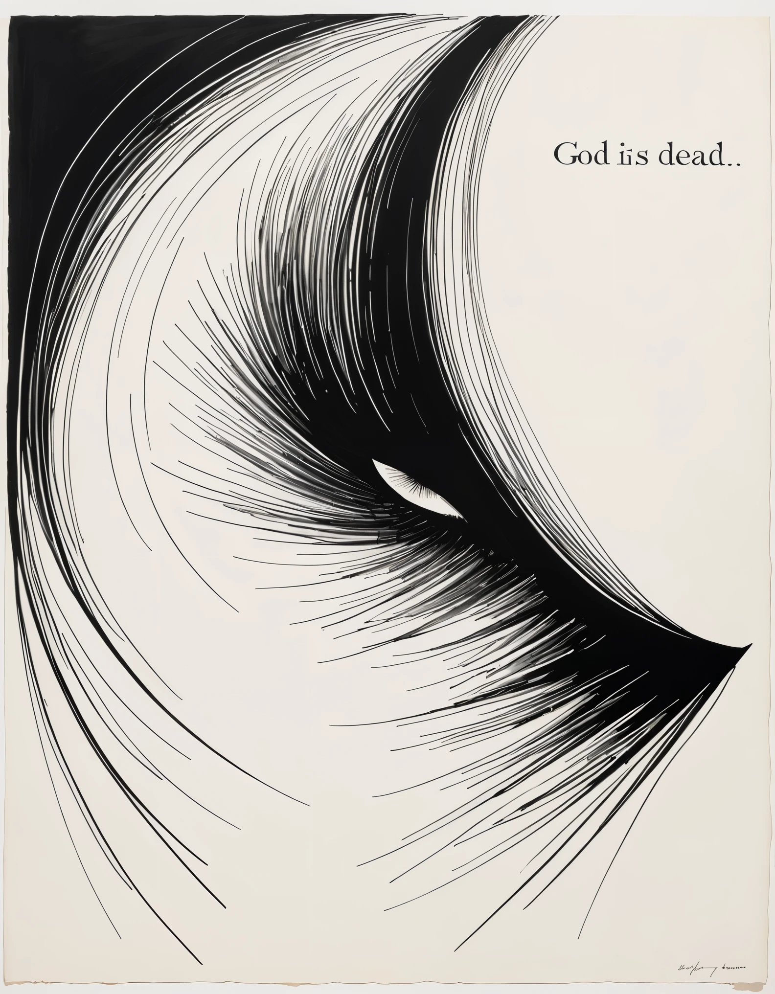 in style of Hans Hartung,in style of Henrietta Harris
1girl
{with the text:"GoD IS DEAD":1.8},captivating gaze,