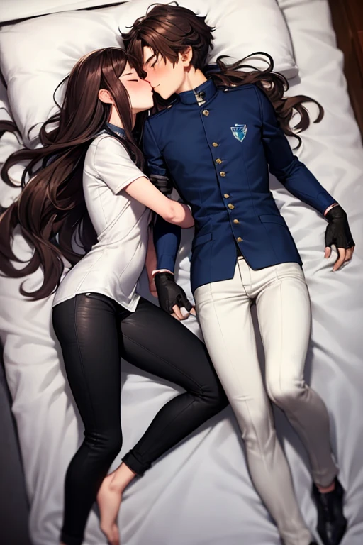 ((best quality)), ((masterpiece)), (detailed), a couple, a boy and a girl, 1 boy, full body, 19 years old, brown hair with white tips, somewhat long hair, bangs, green eyes, sleeping, tall and thin, thin, long beige trench coat, open trench coat, black fingerless gloves, white wristbands, white t-shirt with blue I-shaped emblem, letter I, black pants, 1 girl, full body, 19 years old, young adult, somewhat short, purple eyes, brown hair, somewhat wavy hair, long hair, lock of hair on forehead, asleep, blushing, scientist's coat, blue shirt, black pants, lying in bed, facing each other, kissing, closed eyes, blushing, romantic moment, bedroom background, anime