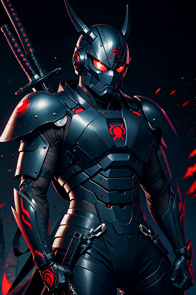 araffe dressed in a black suit holding a sword and a sword, cyborg samurai, cyber japan samurai armor, cyberpunk samurai, very beautiful cyberpunk samurai, full samurai armor spiderman, bio - mechanical ninja samurai, portrait of a cyberpunk samurai, cyber japan style armor, cyber japan armor, celtic and cyberpunk armor, black bull samurai, intricate assasin mecha armor