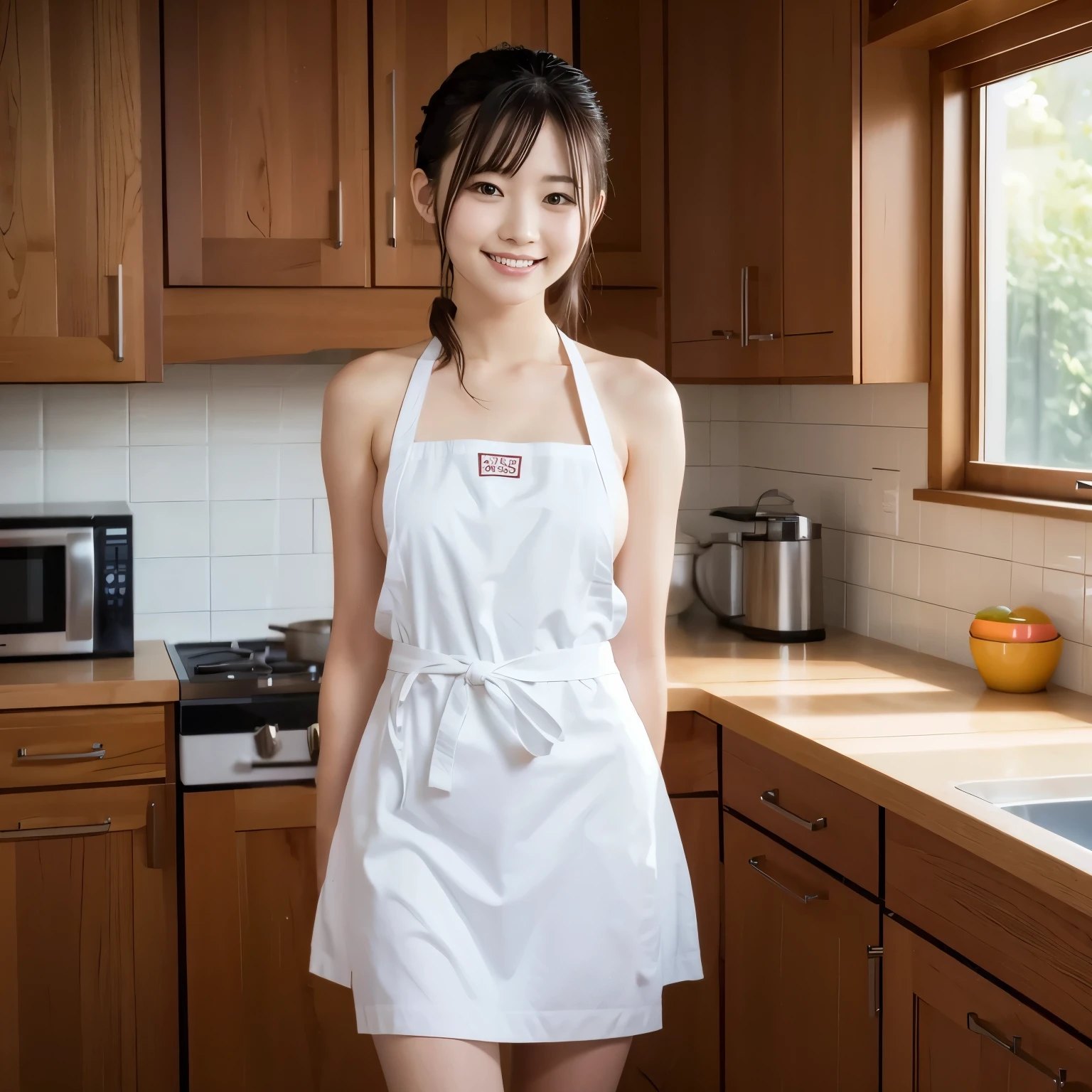 product quality, 1girl, cowboy shot, front view, a Japanese young pretty girl, bob hair, waiting a satin frilled apron over a tank top with a big smile, standing alone in a kitchen, glamorous figure, busty, wearing a skirt, hyper cute face, glossy lips, double eyelids in both eyes, natural makeup, long eyelashes, shiny smooth light brown hair of bob hair, asymmetrical bangs, tanned skin, central image, high resolution, high detail, detailed hairstyle, detailed face, cinematic lighting, octane rendering, vibrant, hyper realistic, perfect limbs, perfect anatomy