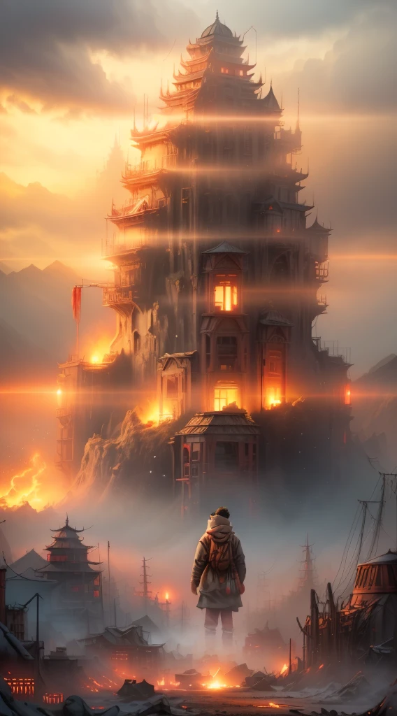 Generate high resolution (8k) Image of,Depicting an abandoned city in Yunnan, China,Its elements are inspired by the film《silent hill》Cosmic。Adding elements of thick fog and floating ash,Creates a dark and surreal atmosphere。Use a desaturated color palette,Highlights red and brown hues,Evoke the horror and mystery of silent hill。