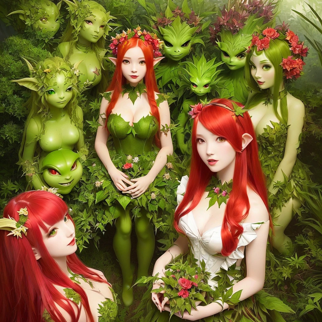 image of a girl with red hair and green dress, humanoid flora, plant monster, alien flora, elf girl wearing an flower suit, a plant monster, poison ivy, flower queen, chibi, lamia, character art of maple story, monster girl, tatsumaki, alien plant, a humanoid thistle monster, alien princess