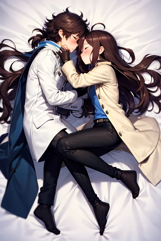 ((best quality)), ((masterpiece)), (detailed), a couple, a boy and a girl, 1 boy, full body, 19 years old, brown hair with white tips, somewhat long hair, bangs, green eyes, tall and thin, thin, long beige trench coat, open trench coat, black fingerless gloves, white wristbands, white t-shirt with blue I-shaped emblem, letter I, black pants, 1 girl, full body, 19 years old, young adult, somewhat short, purple eyes, brown hair, somewhat wavy hair, long hair, lock of hair on forehead, blushing, scientist's coat, blue shirt, black pants, lying in bed, facing each other, kissing, closed eyes, blushing, romantic moment, bedroom background, anime