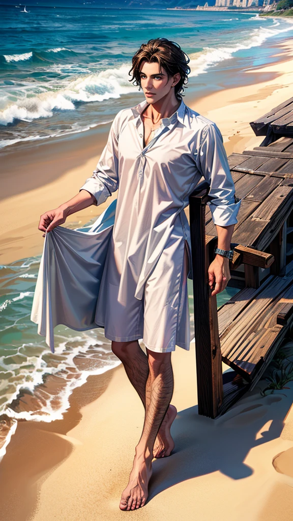 ((masterpiece, Best quality, a high resolution, ultra detailed),(beautiful and aesthetically pleasing:1.2), 1 man, adult, perfect body, Wavy short dark hair, green eyes, Detailed eyes and face, male body, male focus, muscle body, long oversized shirt, beachные шорты, golden hour, beach, sea, sand, Palma, complex parts, full body, beachные шлепки