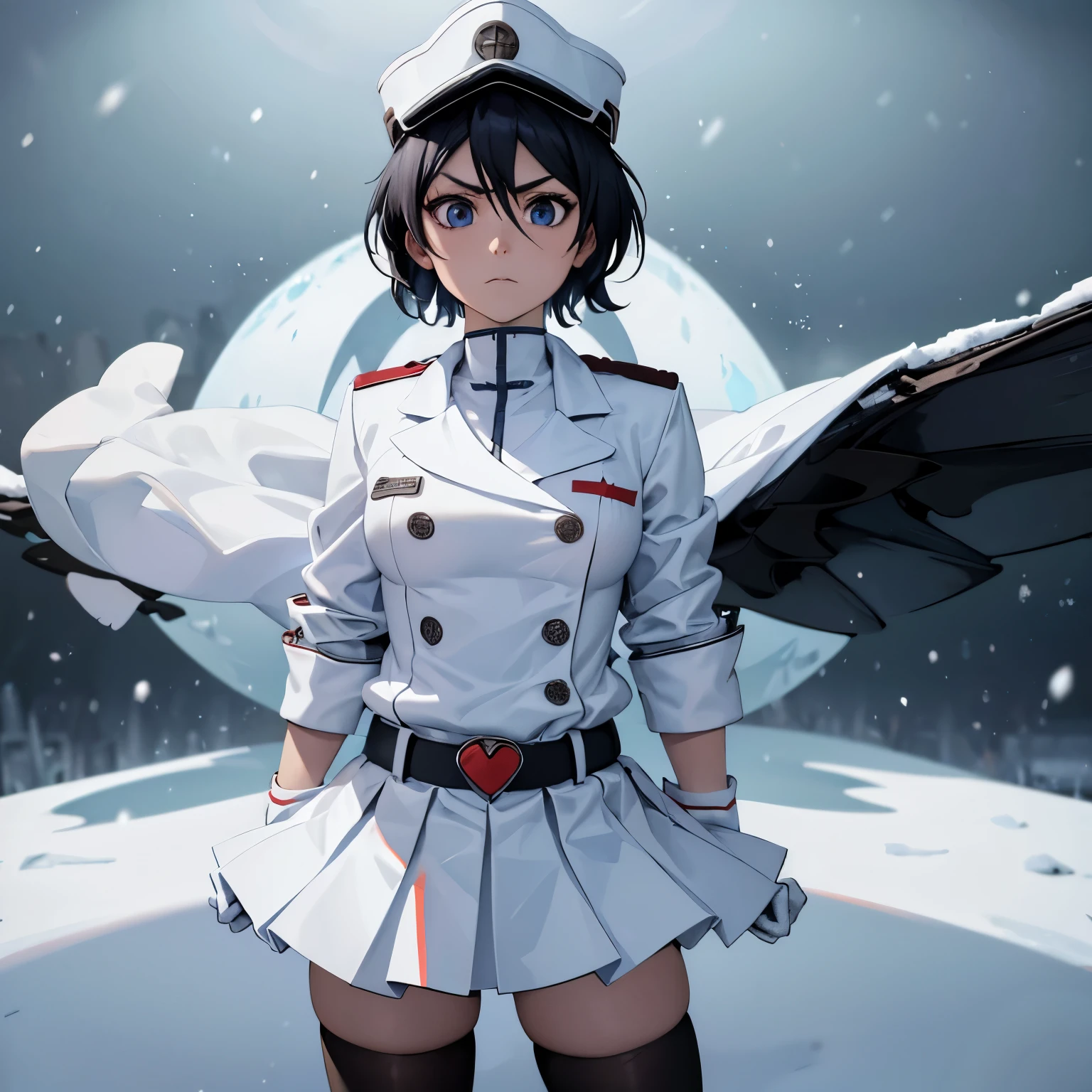 White gloves, red eyes, white jacket, white skirt, best quality, masterpiece, Highly detailed, illustration, absurdres, white military uniform, white uniform, white hat, standing, solo, 1girl, standing at attention, expressionless, blank eyes, looking at viewer, emotionless, corrution, mind control, female combatant, full body, hypnotized, unhappy trance, perfect female body, extremely glossy latex, belt, hypnosis, hypnoLora, empty eyes, Mind control device, thigh high, Bleach, Quincy, thighhighs, tight miniskirt, kuchikirukia, short hair, black hair, blue eyes, hat, (((snow background, ice background)))