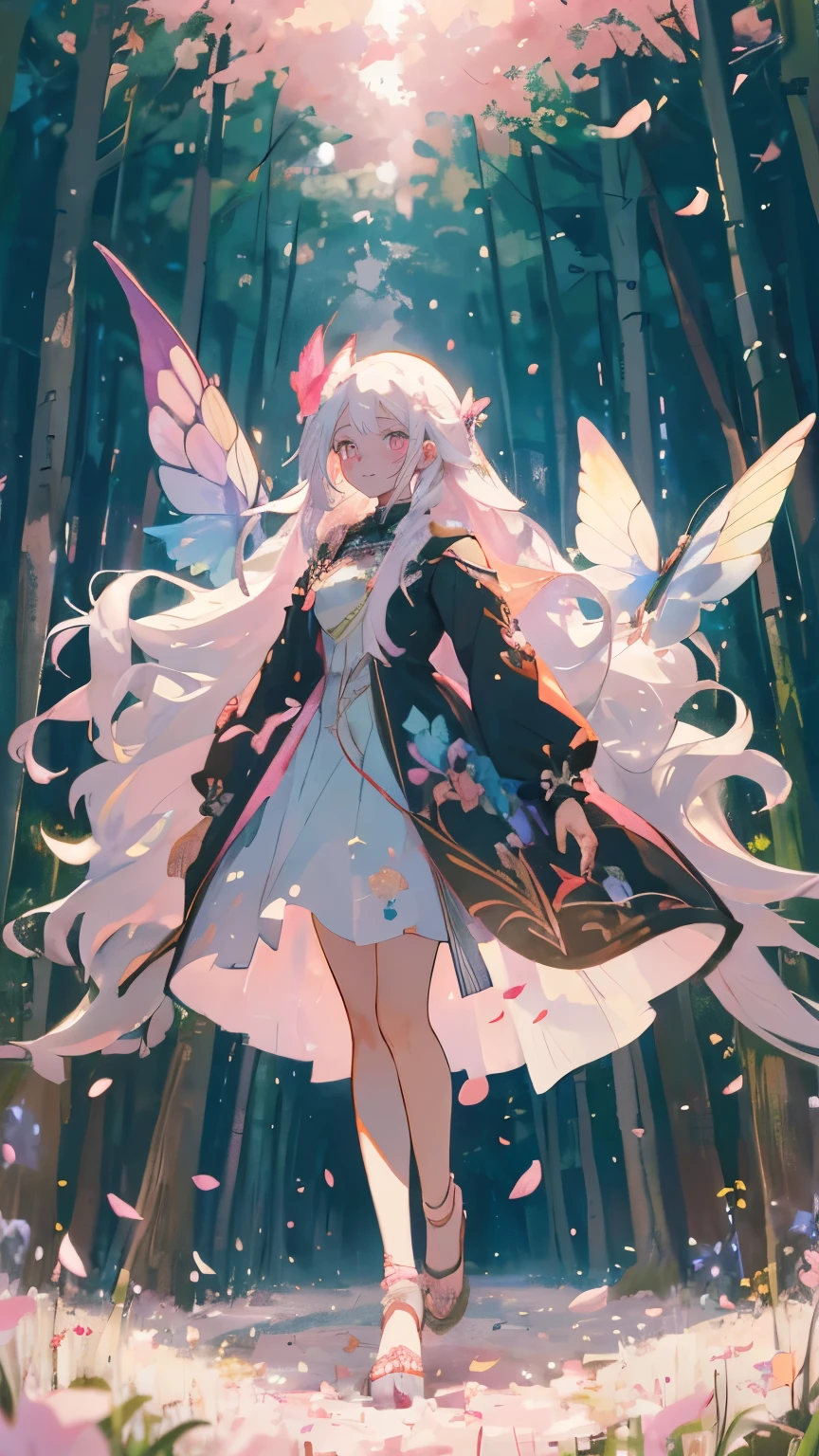 (Mastepiece), (Best Quality), Very detailed, 1 girl, (Solo full body shot:1.4), Perfect Face, beautiful girl, Very detailedな顔，(Long white hair:1.5)，(Pink eyes:1.4)，(Lots of butterflies々:1.2)、(forest、Flower Field:1.4)、(Lots of petals:1.3)、(gem:1.3)、(smile:1.3)、Fairy、mysterious、Fantasy、beautiful、beautiful、ephemeral、It feels like it&#39;s going to disappear