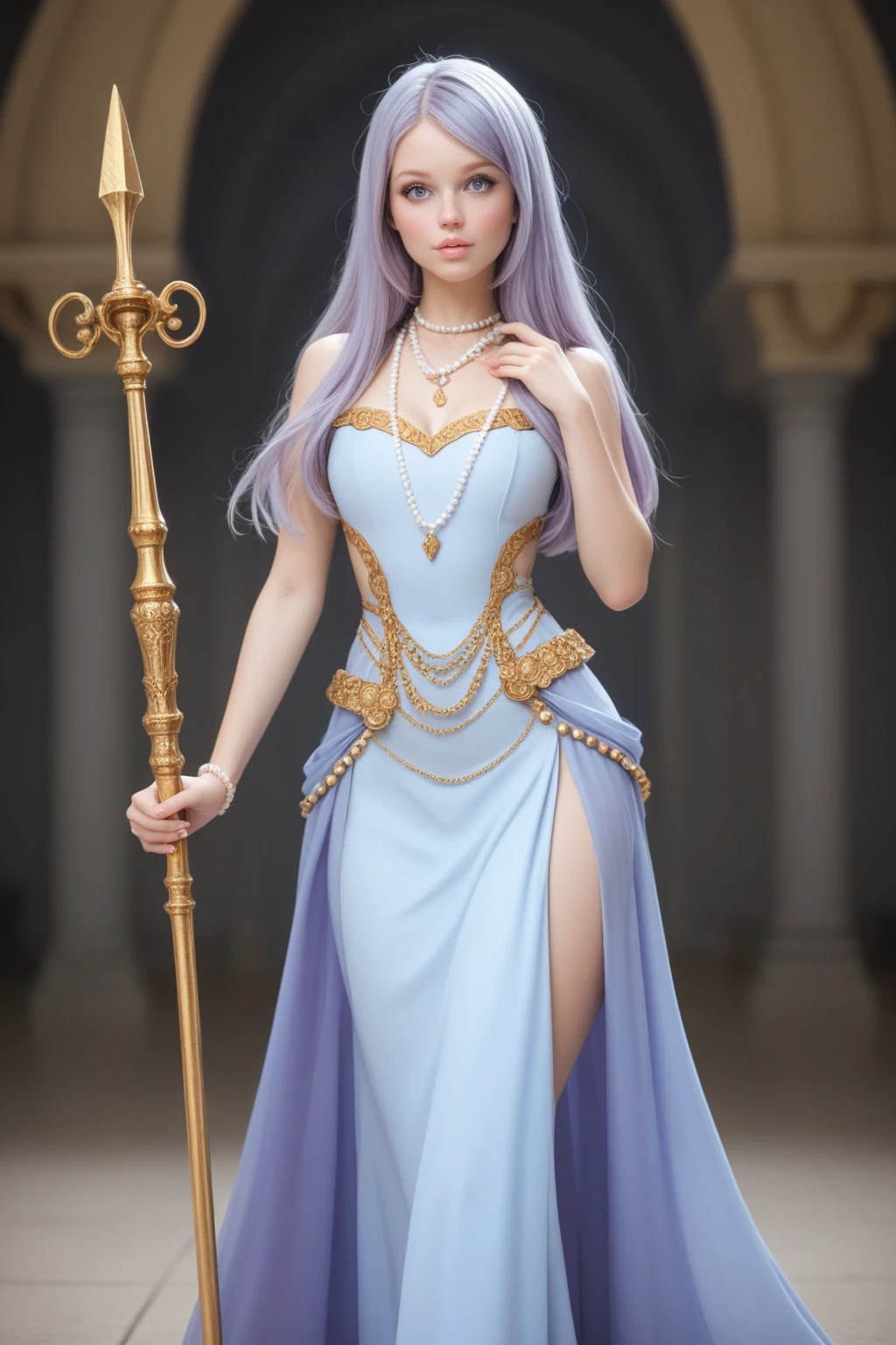 ((best quality)) ((artwork)) Appearance Details
Species: Human
Age: 20
Hair: Blueish silver, quite long and abundant
Eyes: Violet
Body: 5'5", light skin, lean and curvy
Face: Young, beautiful, delicate features, full lips and thin eyebrow
Features: Light pink lipstick
Clothing: Long sleeveless light blue dress, wide gold necklace and pearls around her body to the waist. Pose: holding a golden spear. Landscape: a huge, elaborate castle carved from white marble.