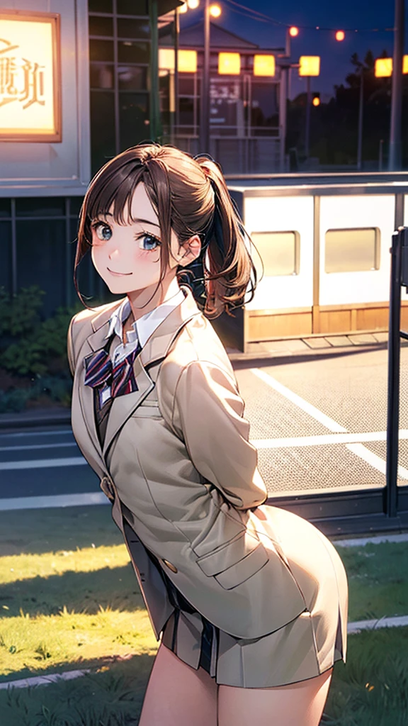 (masterpiece:1.2, Highest quality), (Realistic, photoRealistic:1.4), Beautiful illustrations, (Natural Side Lighting, Cinema Lighting), 
View your viewers, 1 girl, Japanese, high school girl, 14 years old, Perfect Face, Perfect body, Cute and symmetrical face, Glowing Skin, Baby Face, small, 
(short hair:1.5, Low Ponytail:1.6, Long sideburns, Light brown hair), Asymmetrical bangs, Dark green eyes, Droopy eyes, (Middle chest, Captivating thighs, Big Ass), 
Beautiful Hair, Beautiful Face, Beautiful attention to detail, Beautiful clavicle, Beautiful body, Beautiful breasts, Beautiful thighs, Beautiful feet, Beautiful fingers, 
(((White School Blazer, Closed blazer), 
(Beautiful views), evening, (Outdoor Game Center), Are standing, Leaning forward, (Put your arms behind your back), (Cute smile, Upward glance, 口を開けてsmall), 