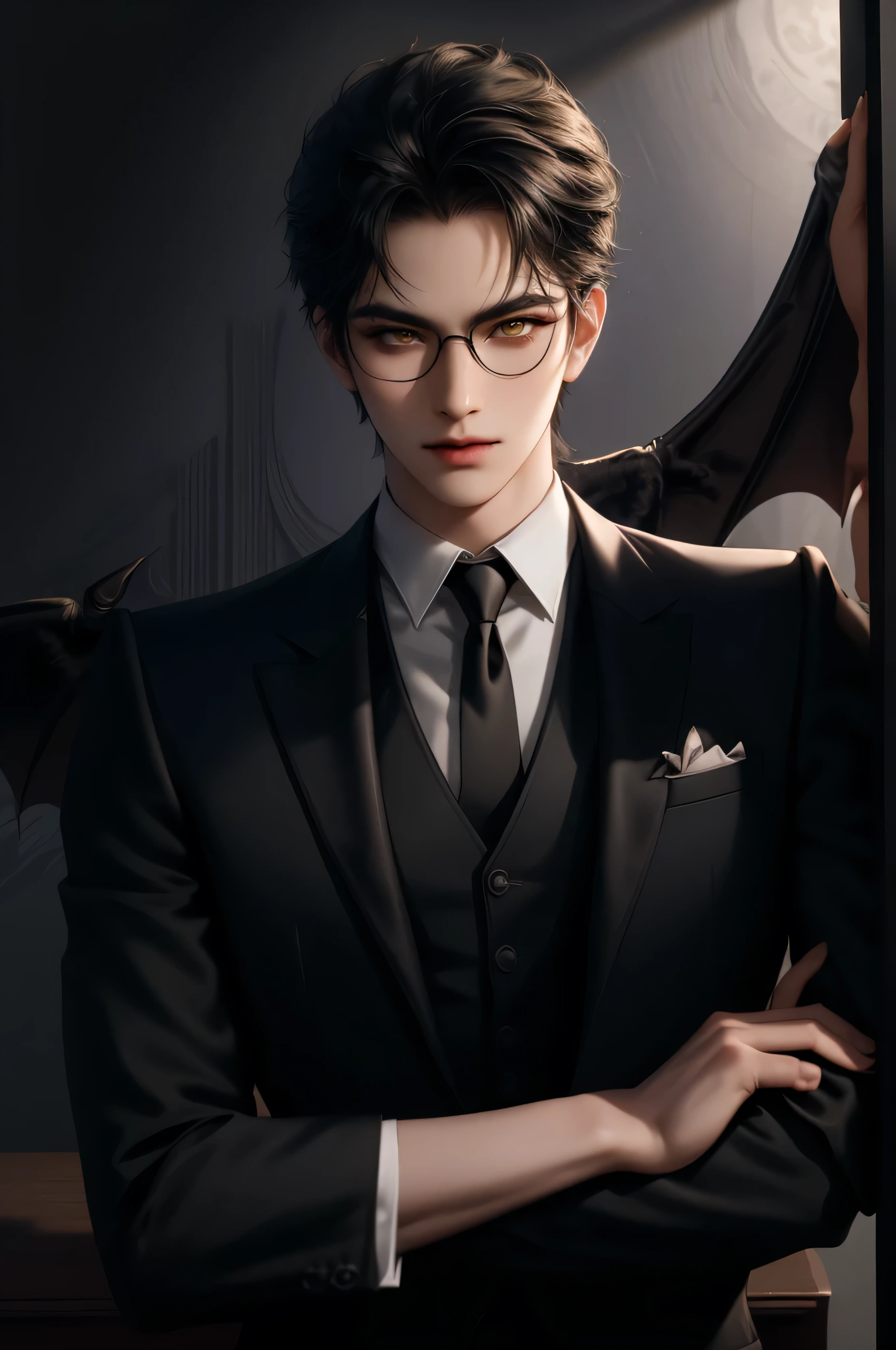 (masterpiece,best quality,ultra_detailed,highres,absurdres) (detailed shadow) (quality light),1 mature male, 21 years old, korean male focus, solo, mid-length black hair, (yellow eyes), ancient temple background, full body, looking at viewer, parted lips, round eyewear, (wearing black suit with tie), (wearing thin glasses), showing a bit of muscles, devilish smirk face, ((has one gigantic devil's wing covering left arm))