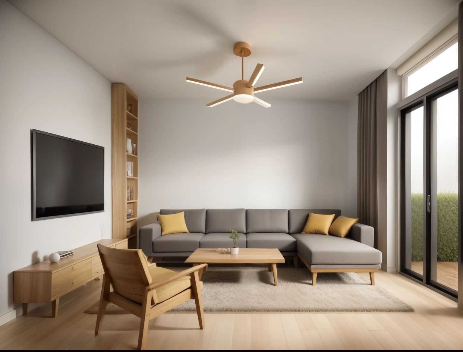 Créer un salon de style néoclassique, 1 télévision au mur:1.3, un parquet en bois marron, rideaux de couleur crème, une porte blanche, et des photos ultra nettes qui respirent l&#39;élégance.