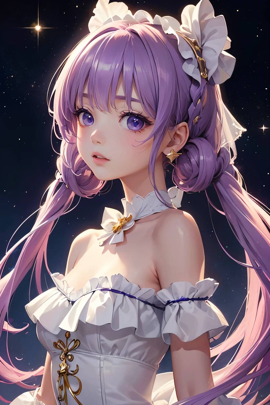 (Highest quality、Highest quality、Masterpiece、Very delicate、Very detailed、Exquisite、16K、Full HD)、1 female、(White dress、Flared mini skirt、gem、ribbon、race、Frills)、Small breasts、Perfect body line、Glowing Skin、(Groomed eyebrows、Pink Lips、Blue Eyeysterious Face)、(Purple Hair、Twin tails、Shiny Hair、hair band、hair ornaments)、Dramatic lighting、(背景にmilky way、star、Fantasy Background)、milky way