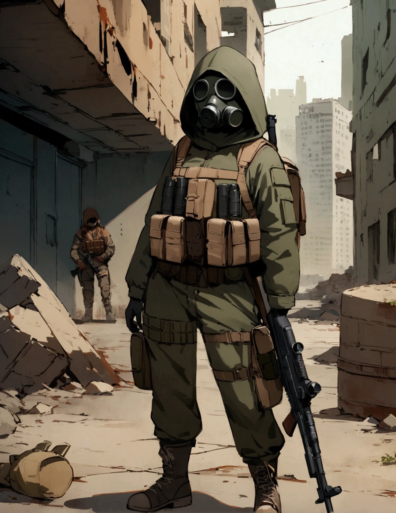 Female, hood, masked, hidden face, soviet gasmask, old gasmask, dark green Parka, closed parka, bandolier, post apoclayptic, in a city ruins, post apocalyptic, dark clothing. Tactical gear, tactical vest, backpack, holding a rifle, armored, rust armor. Soldier, cool, sfw, Post apocalyptic soldier, scary stalker