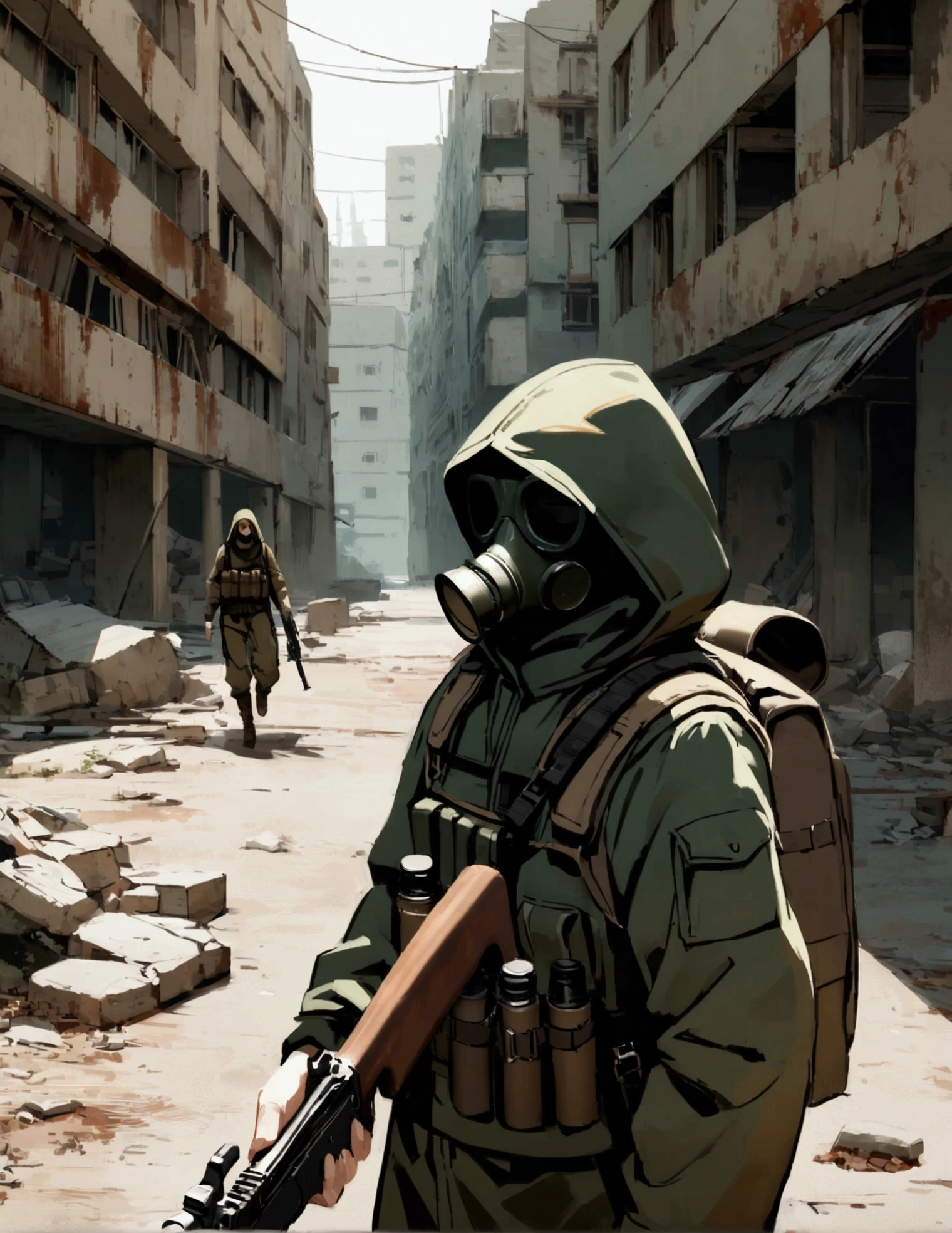 Female, hood, masked, hidden face, soviet gasmask, old gasmask, dark green Parka, closed parka, bandolier, post apoclayptic, in a city ruins, post apocalyptic, dark clothing. Tactical gear, tactical vest, backpack, holding a rifle, armored, rust armor. Soldier, cool, sfw, Post apocalyptic soldier, scary stalker