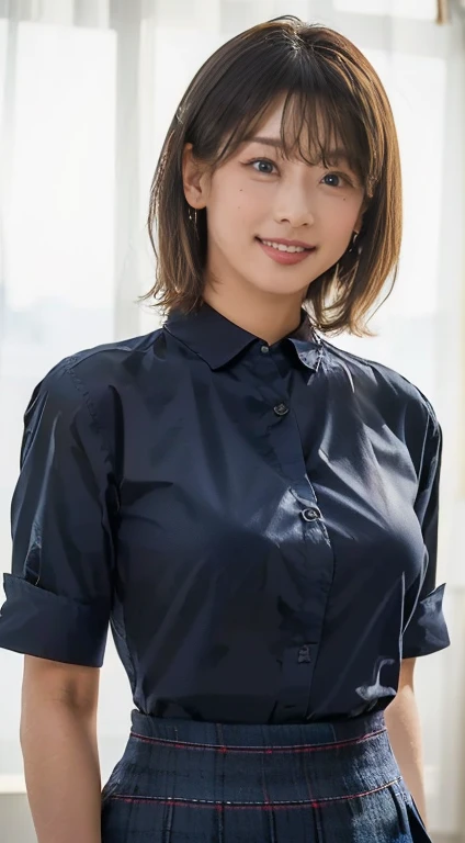 Browsing Caution:0.3、Female student in classroom、short hair、(smile)、(Mature Woman)、(18-year-old)、((Big Breasts))、((A tight-fitting navy blue shirt))、Checkered pleated skirt、Navy blue socks、loafers、Knee-length skirt、(ribbon)、With bangs、((Black Hair))、highest quality、超A high resolution、(Realistic:1.85)、Beautiful Japanese Eyes、Super Beauty、Perfect Style、Perfect balance、Detailed skin、((Delicate photo)),(Detailed RAW photos of girls), (Tabletop:1.25), (highest quality:1.6), (超A high resolution:1.5), (Realisticです:1.75), 8K resolution, Canon EOS R5, 50mm, Absurd, Very detailed,Cinema Lighting、