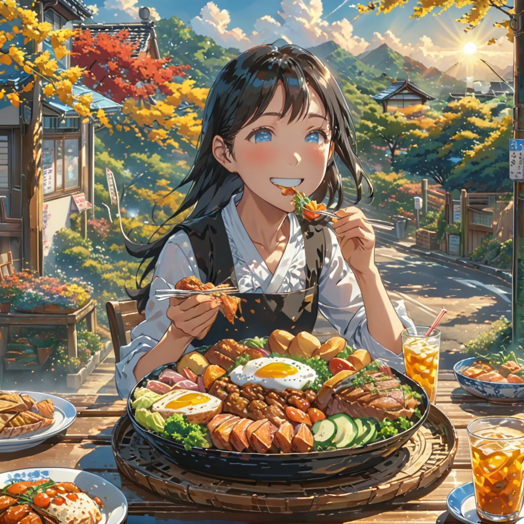 eating lunch, good scenery, smooth hands, happy, beautiful sunshine, best food, anime style, masterpiece, UHD, accurate, high quality, high details, super detail, award winning, best quality, 16k