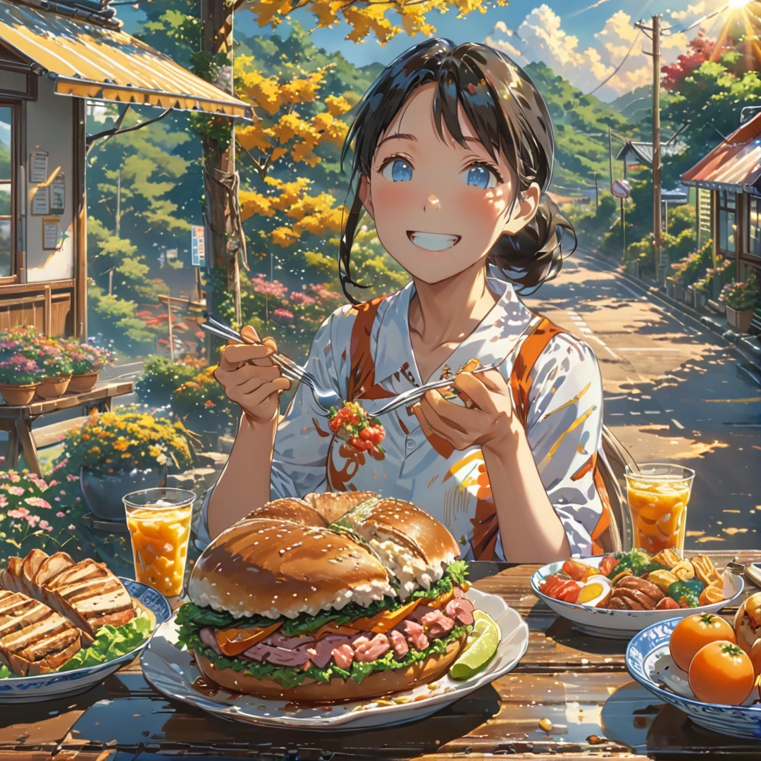 eating lunch, good scenery, smooth hands, happy, beautiful sunshine, best food, anime style, masterpiece, UHD, accurate, high quality, high details, super detail, award winning, best quality, 16k