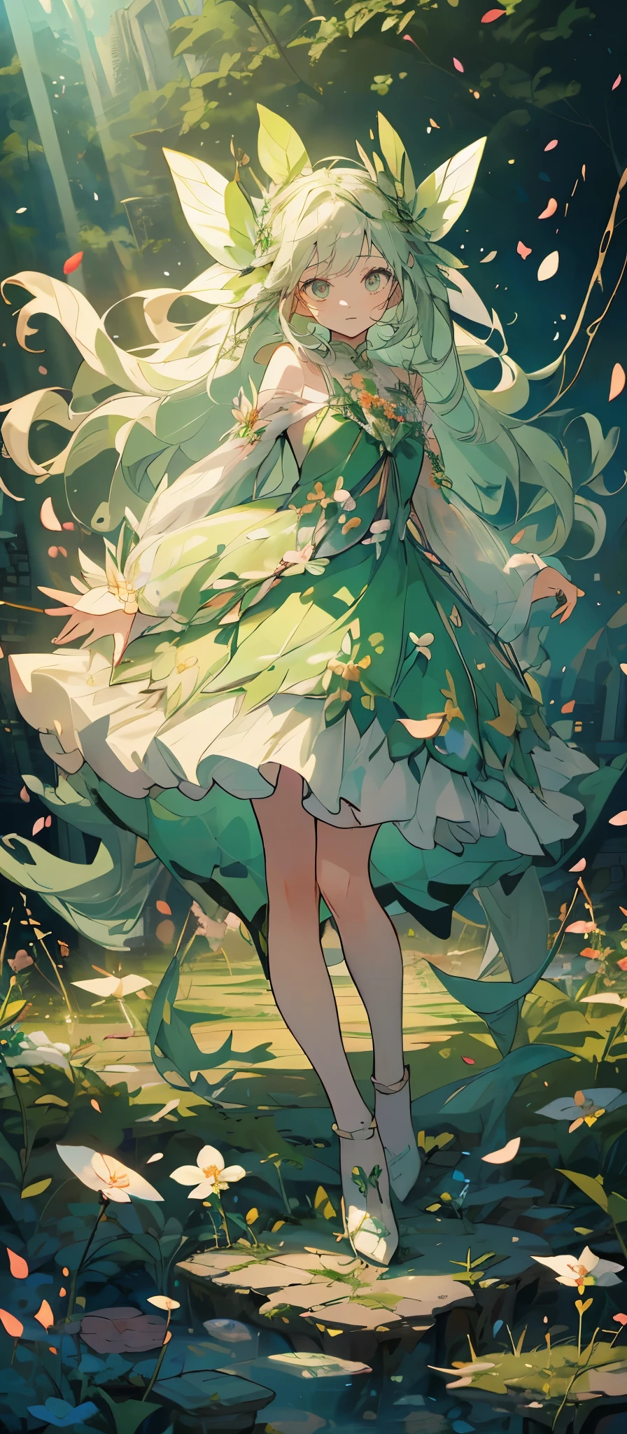 (Mastepiece), (Best Quality), Very detailed, 1 girl, (Solo full body shot:1.4), Perfect Face, beautiful girl, Very detailedな顔,Green and white long hair:1.5),(Green Eyes:1.4),(Lots of butterflies々:1.2)、(Abandoned City、forest、Flower Field:1.4)、(Lots of petals:1.3)、(gem:1.3)、(smile:1.3)、Fairy、mysterious、Fantasy、beautiful、beautiful