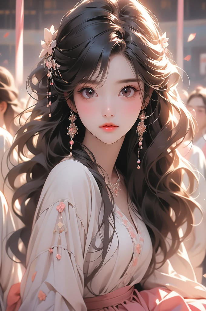 photoactual, lip gloss, , actual, best quality, ultra high resolution, depth, pastel colors, Natural shades, focus on face, Just look at the face, looking at the audience, long hair, hair accessories, black hair, brown and detailed eyes, skirt