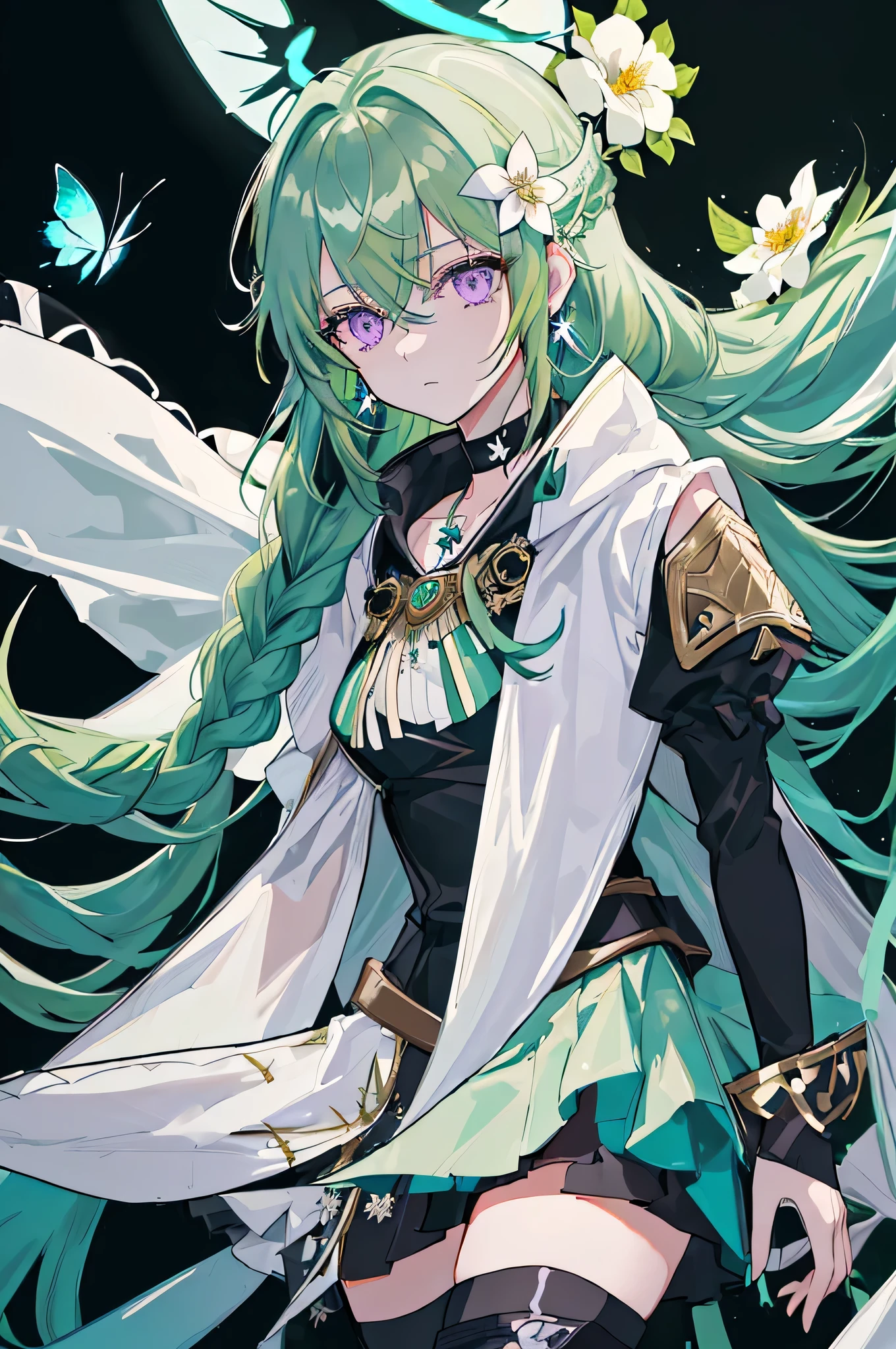 (Masterpiece, Best Quality: 1.4), white Background, Long Hair, Jewelry, Earrings, Necklace, Bride, ((green Hair)), Halo, (Overlook), Dynamic Angle, Ultra Detailed, Illustration, Close Up, Direct Look, 1girl, (Fantasy: 1.4), (Purple Eyes: 1.233), Her Eyes Shine Like Dreamy Stars, (Glow Eyes: 1.233), (Beautiful and Delicate Eyes: 1.1), (green Hair: 1.4), (Messy Hair, Very Long Hair, French braids, hair between the eyes, side hair), (+(white hair flower: 1.14)), (black elegant dress, uniform white flower pattern)/= (military uniform: 1.24), (fingerless gloves), choker, (black thighhighs), high heeled boots, (expressionless, shut up), (standing), (Night:1.2),dreamy,Soul,(fluorescent),(Flying Translucent Blue Butterfly:1.15),[Delicate Fingers and Hands:0.55]::0.85], (Finger Detail), (Yubao:0.5),((black background)),((upper body)),((turquoise hair)),green hair,((green hair)),night,black elegant dress,