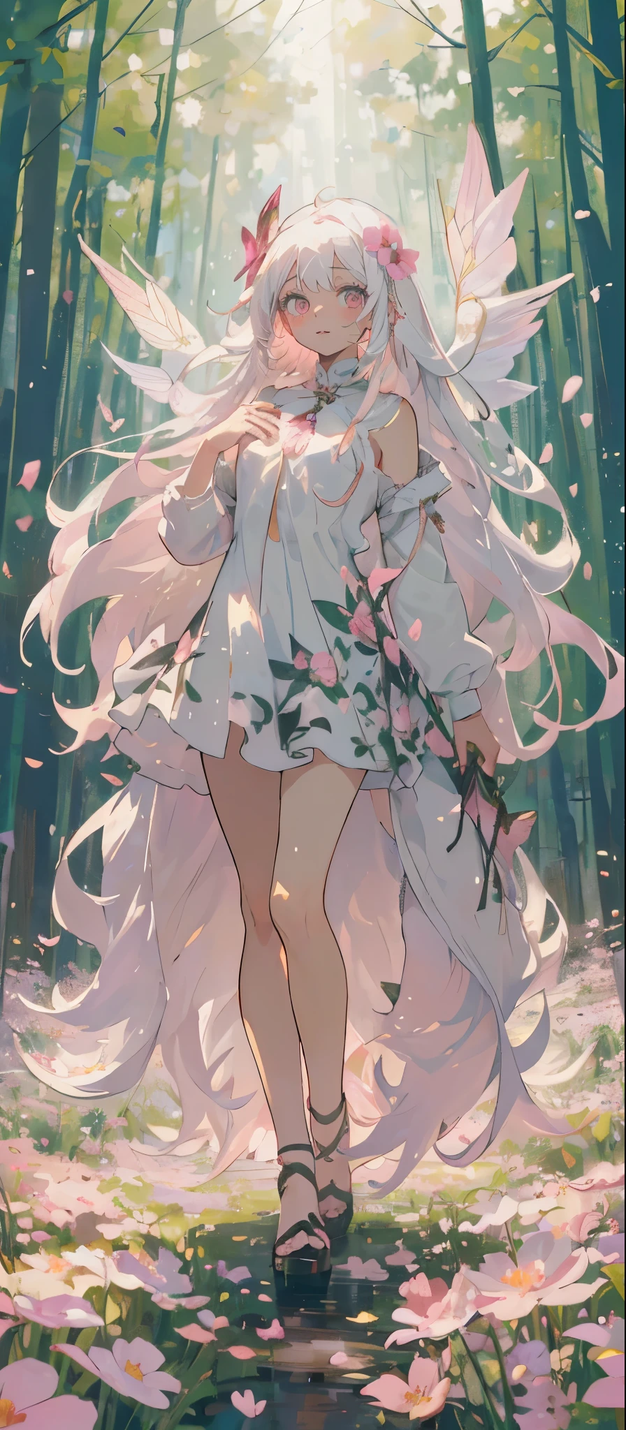 (Mastepiece), (Best Quality), Very detailed, 1 girl, (Solo full body shot:1.4), Perfect Face, beautiful girl, Very detailedな顔,(Long white hair:1.5),(Pink Eyes:1.4),(Lots of butterflies々:1.2)、(forest、Flower Field:1.4)、(Lots of petals:1.3)、(gem:1.3)、(smile:1.3)、Fairy、mysterious、Fantasy、beautiful、beautiful、ephemeral、It feels like it's going to disappear