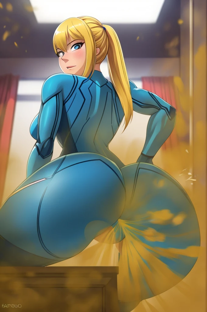 depth of field, perfect lighting, light particles, female, human, human face, (sexy, bimbo, very attractive) solo, indoors, (butt facing viewer), (Zero_Suit_Samus/Samus_Aran), (naked), (exotic pose), (((farting))), macro,