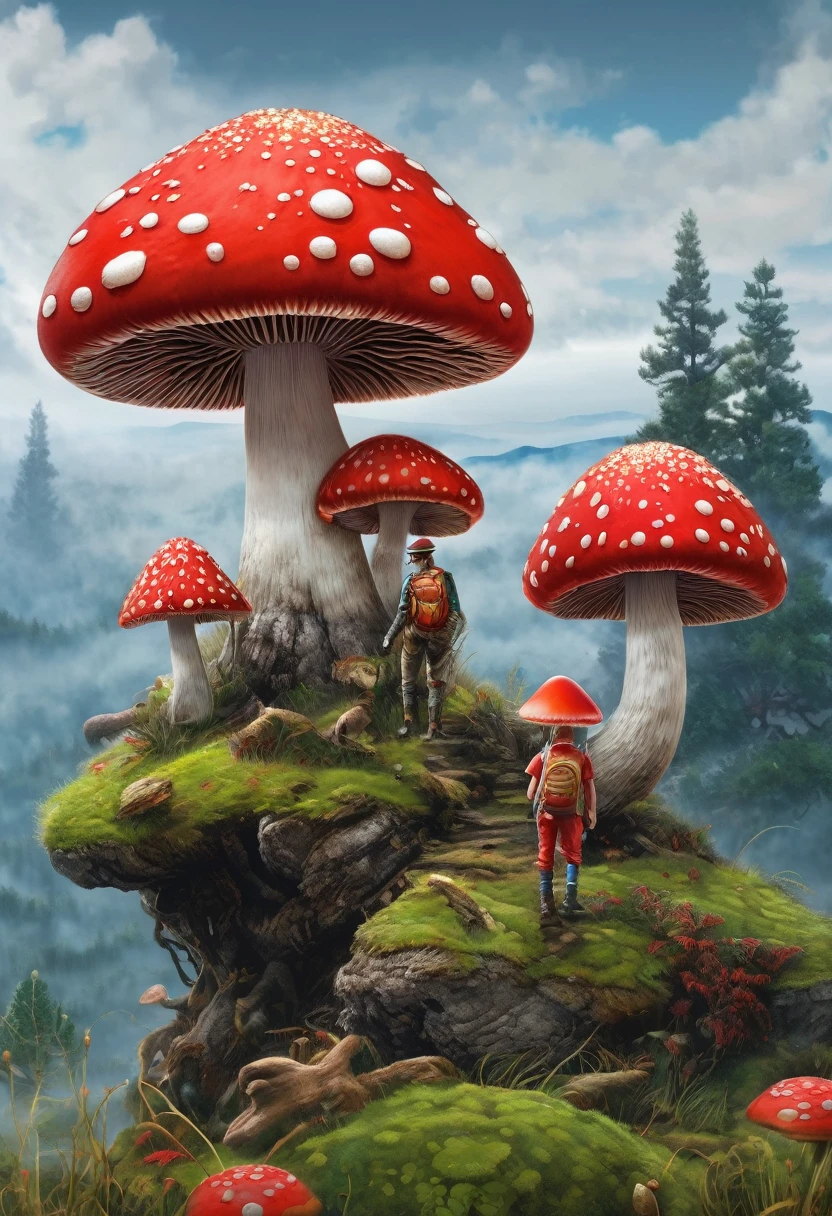 (best quality, masterpiece, ultra detailed), Small red mushroom and man