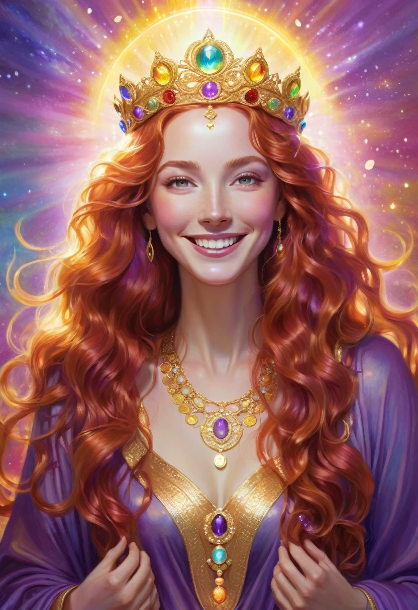 A goddess with long red wavy hair. She is surrounded by pastel iridescent light. She smiles with wisdom and compassion in her eyes. She smiles sweetly, wears a jeweled crown and deep purple robes. Her aura shines golden and has an overwhelming presence. A symbol of beauty. Gold coins overflow. wealth. in a sacred space. rainbow light