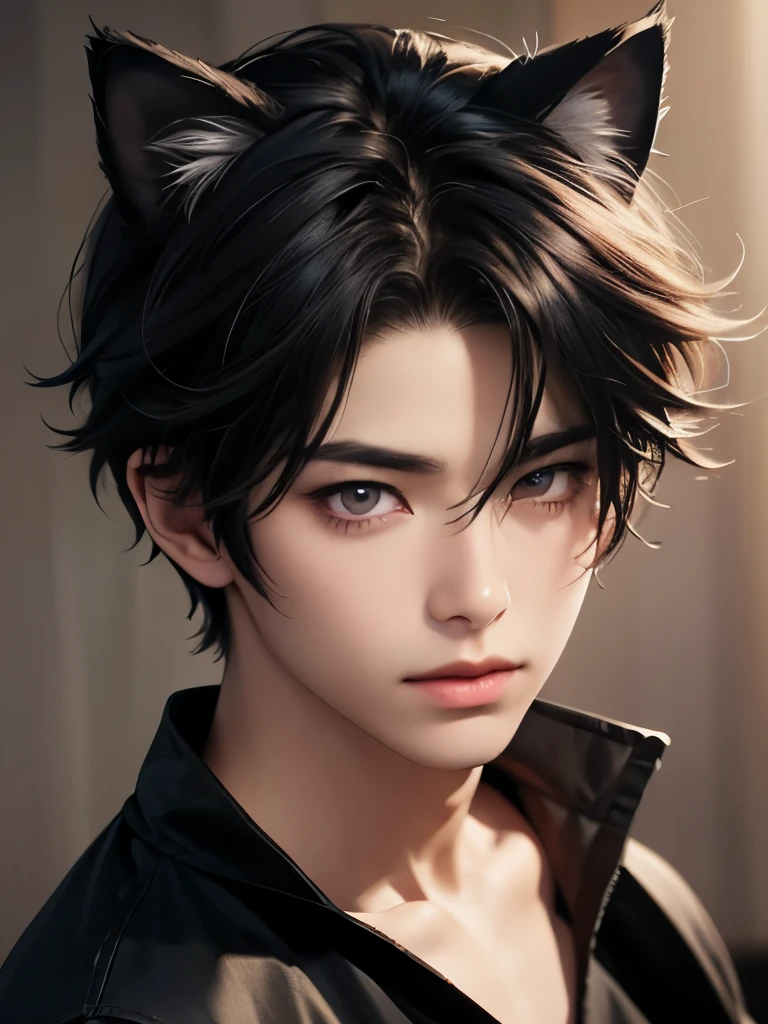 boy with wavy rainbow hair, Rainbow eyes , brown skin, cute asian boy, boy with a beautiful face, Realistic anime style, boy looking like a kpop idol, dark and with black cat ears 