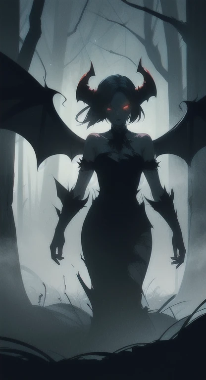 Foggy Forest, ancient female creature, demonic silhouette, devil shadow figure, red eyes, eyes in the fog, rotting, looking dead, torn wings,