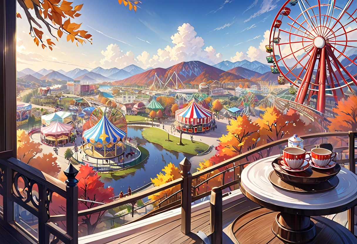 The scenery outside the window of the gondola at the top of the Ferris wheel, can see roller coasters, carousels, haunted teacups, and more, distant view, outside the amusement park is a residential area, mountains can be seen in the distance, amusement park,It is late autumn, 