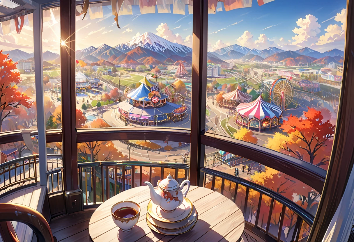 The scenery outside the window of the gondola at the top of the Ferris wheel, can see roller coasters, carousels, haunted teacups, and more, distant view, outside the amusement park is a residential area, mountains can be seen in the distance, amusement park,It is late autumn, 
