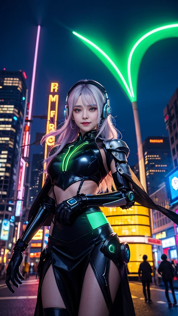 Background moon, big moon in the back, moon, 1 girl, Chinese_clothes, liquid silver metallic and rainbow colors, cyberhan clothes, cheongsam, cyberpunk city, dynamic pose, detail luminous headphones, luminous hair accessories, long hair, glowing earrings, glowing necklace, cyberpunk, high-tech city, full of mechanical and futuristic elements, futurism, technology, glowing neon lights, rainbow colors, rainbow color light, sexy skirt, transparent black cape, laser light, digital background city sky, big moon, There are vehicles, the best quality, masterpiece, 8K, character edge light, super high detail, high quality, the most beautiful woman in human beings, smile, face facing the front left and right symmetry, ear corner decoration, long antenna glow, beautiful pupils, light effects, visual data, silver rainbow hair dyeing hair, ultra-detailed facial texture, happy and proud, weapon system, crowded street passers-by, mecha style, wearing a glowing antenna on the head, deep eyes, far away, details of the entire city, candy color neon color matching, rainbow lights, only one character, There is only one protagonist