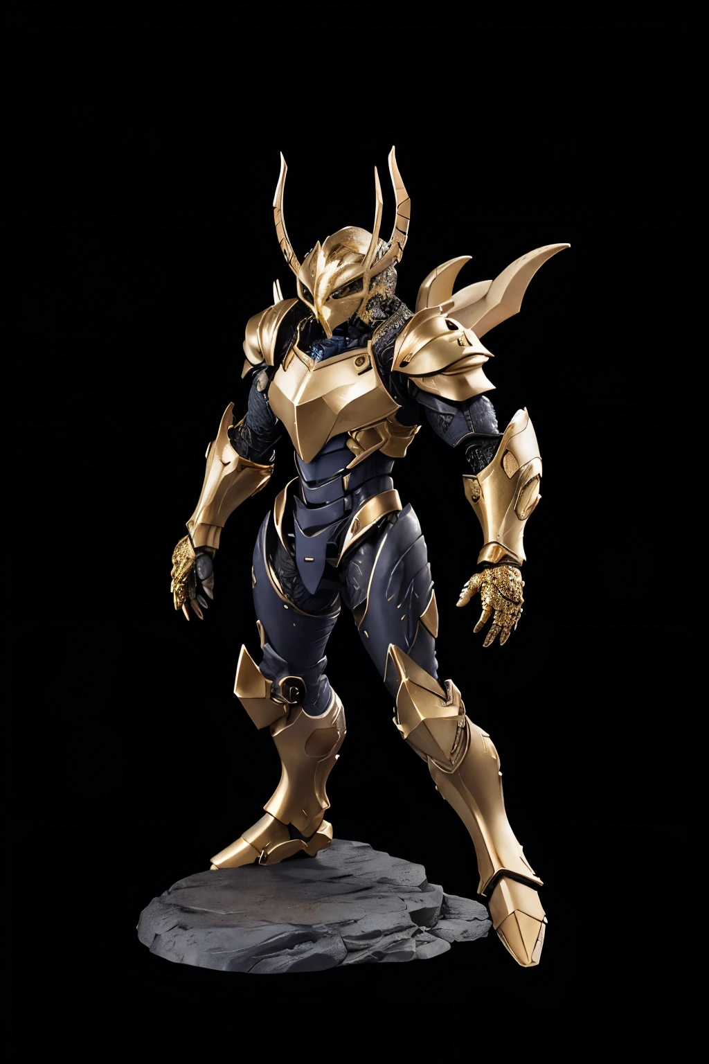 ((close-up view)).
((head to waist front body view)).
((very accurate)).
"a bio-armor Guyver like with fully golden-black colors armor stand-straight on rocks inside beyond-imagination cave filled with fantasy plants and fireflies.