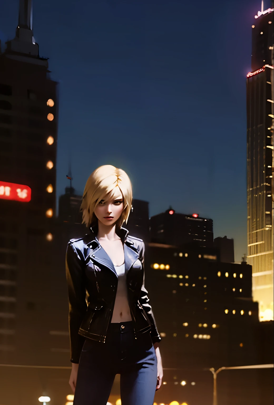 (Parasite Eve(Aya Brea short blonde hair leather jacket jeans))(Background American cityscape Empire State Building Beautiful lights at night)、Realistic painting style、Realistic、