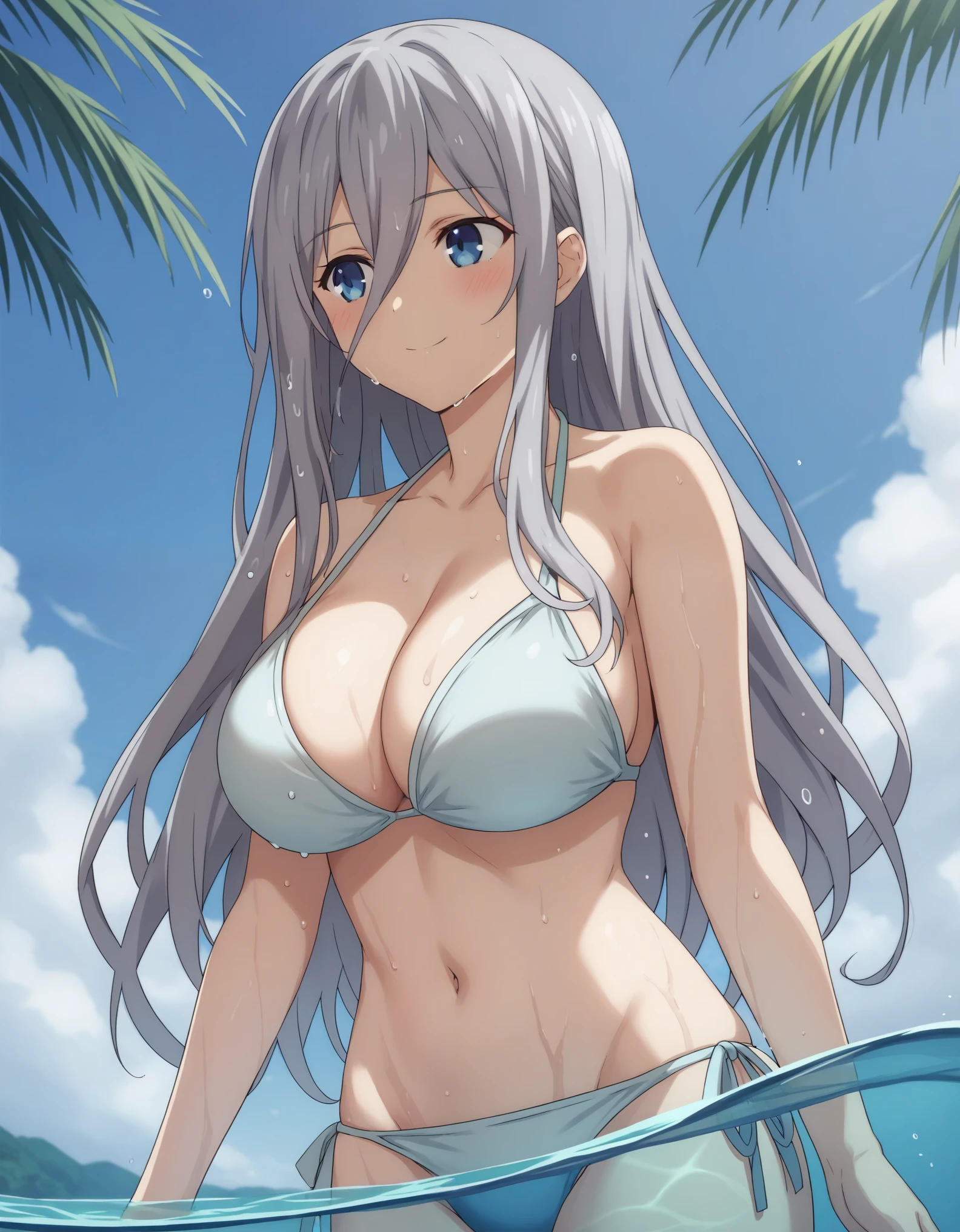 score_9, score_8_up, score_7_up, source_anime, reinamurasame, reina murasame, a drawing of a woman in a bikini looking into the water and smiling, 1girl, bikini, swimsuit, solo, big breasts, blue eyes, long hair, outdoors, cleavage, navel, wet, sky, smile, blush, side-tie bikini bottom, wading,reina murasame, long hair, blue eyes, grey hair, hair between eyes,