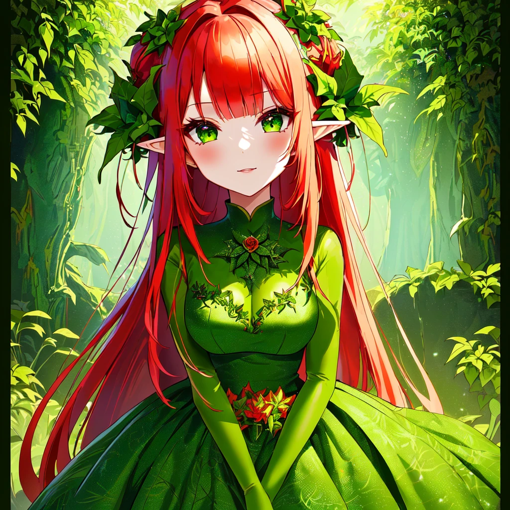 image of a girl with red hair and green dress, green skin, humanoid flora, plant monster, alien flora, elf girl wearing an flower suit, a plant monster, poison ivy, flower queen, chibi, lamia, character art of maple story, monster girl, tatsumaki, alien plant, a humanoid thistle monster, alien princess