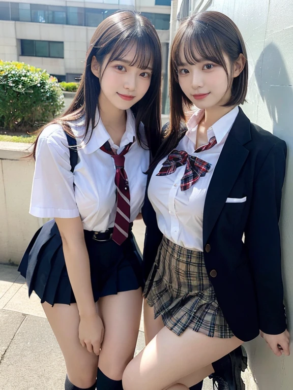 masterpiece, best quality, illustration, Super detailed, fine details, High resolution, 8K,wall paper, perfect dynamic composition,(Details High quality, realistic depiction of eyes:1.3), (2 girls, 2 schoolgirls:1.2), from side, High School Classroom、see-through summer High school girl uniform、hug each oher, Super Short Check Uniform Skirt、Pink high socks、garterbelts、Colossal tits、Disturbed uniform, short bob hair, black hair color, huge breasts, (nipple:1.3), (plump:1.1), Big Natural Color Lip, bold sexy pose, (perfect body shape), smile:1.5, Harajuku style、15 year old girl、 beautiful legs, hposing Gravure Idol, Voluptuous thighs