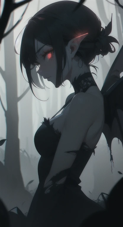 Foggy Forest, ancient female creature, demonic silhouette, fairy shadow figure, red eyes, eyes in the fog, rotting, looking dead, torn wings,