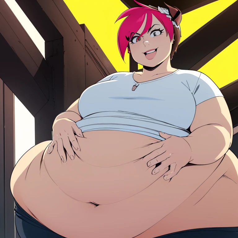 1girl, clanched fists, short red hairs, pink t-shirt, tight blue jean, big belly, angry eyes, smile, she scream, no background