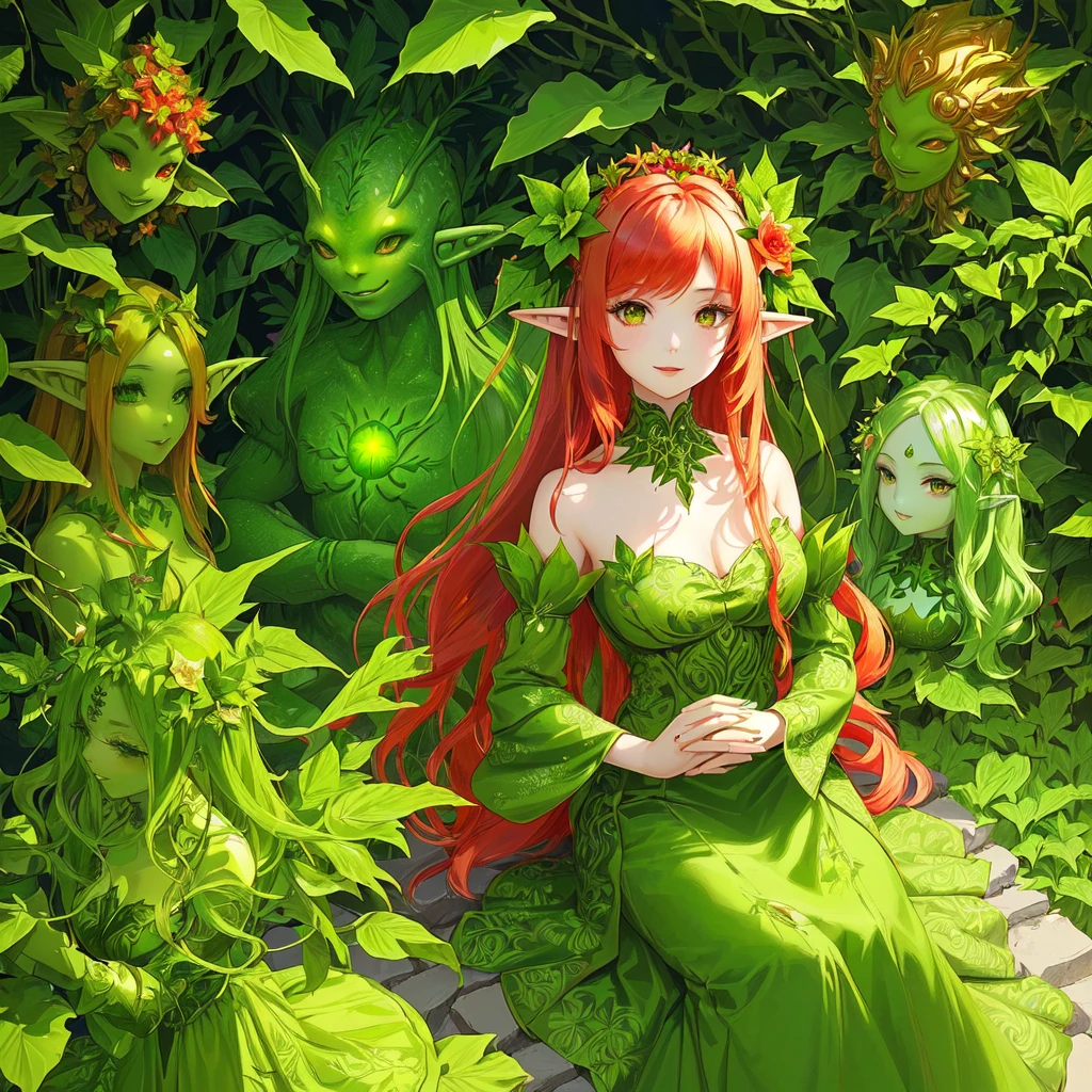 image of a girl with red hair and green dress, green skin, humanoid flora, plant monster, alien flora, elf girl wearing an flower suit, a plant monster, poison ivy, flower queen, chibi, lamia, character art of maple story, monster girl, tatsumaki, alien plant, a humanoid thistle monster, alien princess