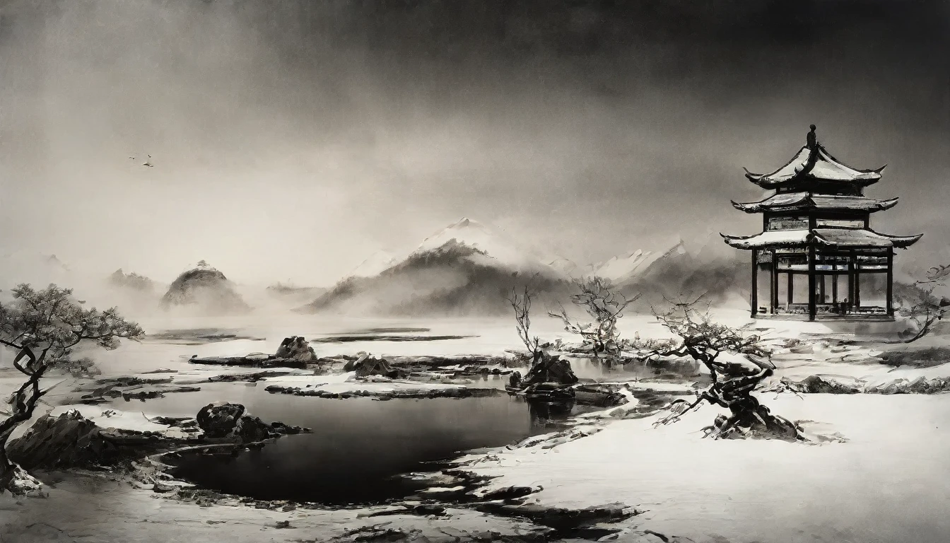 Traditional Chinese style，Black and white Chinese ink painting，water ink，ink，Soil，Winters，snow，heavy snow，In the distance, The mountains on all sides are covered with thick snow，On a vast, irregular circular lake,，Ultra wide-angle lens，Super Vision，Empty River，Ethereal breath，Beautiful artistic conception，Chinese Classical Poetry