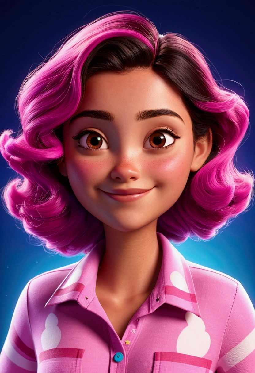 Imagem estilo pixar com personagem 3D morena mulher cabelo médio liso e camisa rosa, Disney makeup,3d, cute, smiling ,close up, pixar, Disney, Cinema lighting,
